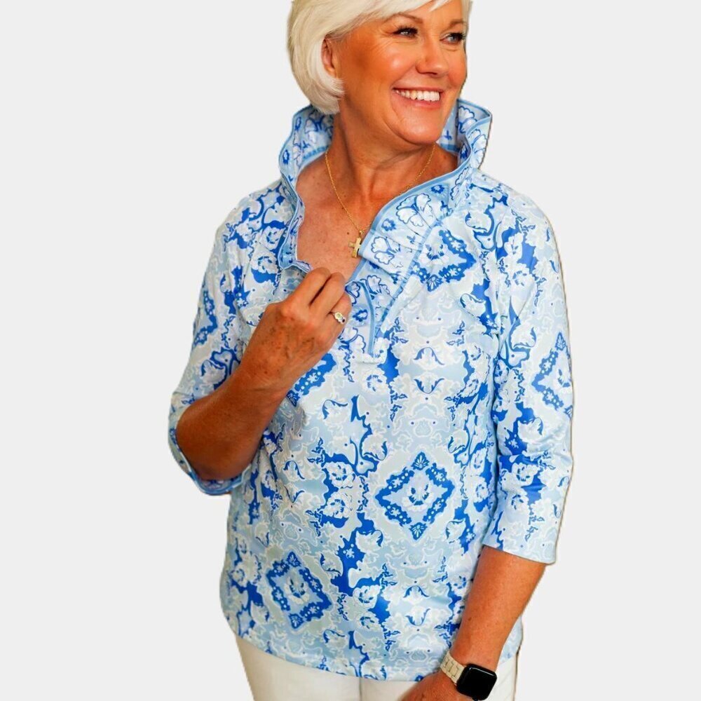 Gretchen Scott Blue Ruffled Neck Watteau Top NWT